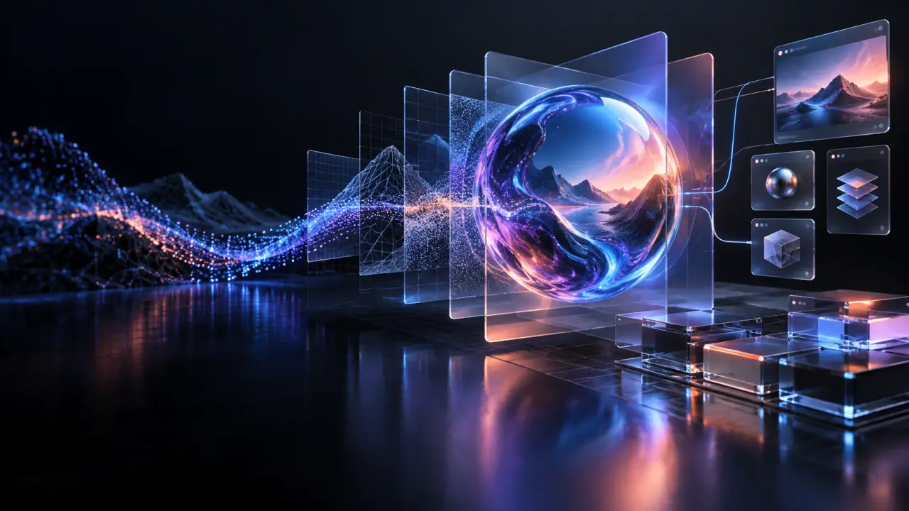 Réseau de nœuds lumineux représentant une scène WebGL optimisée
