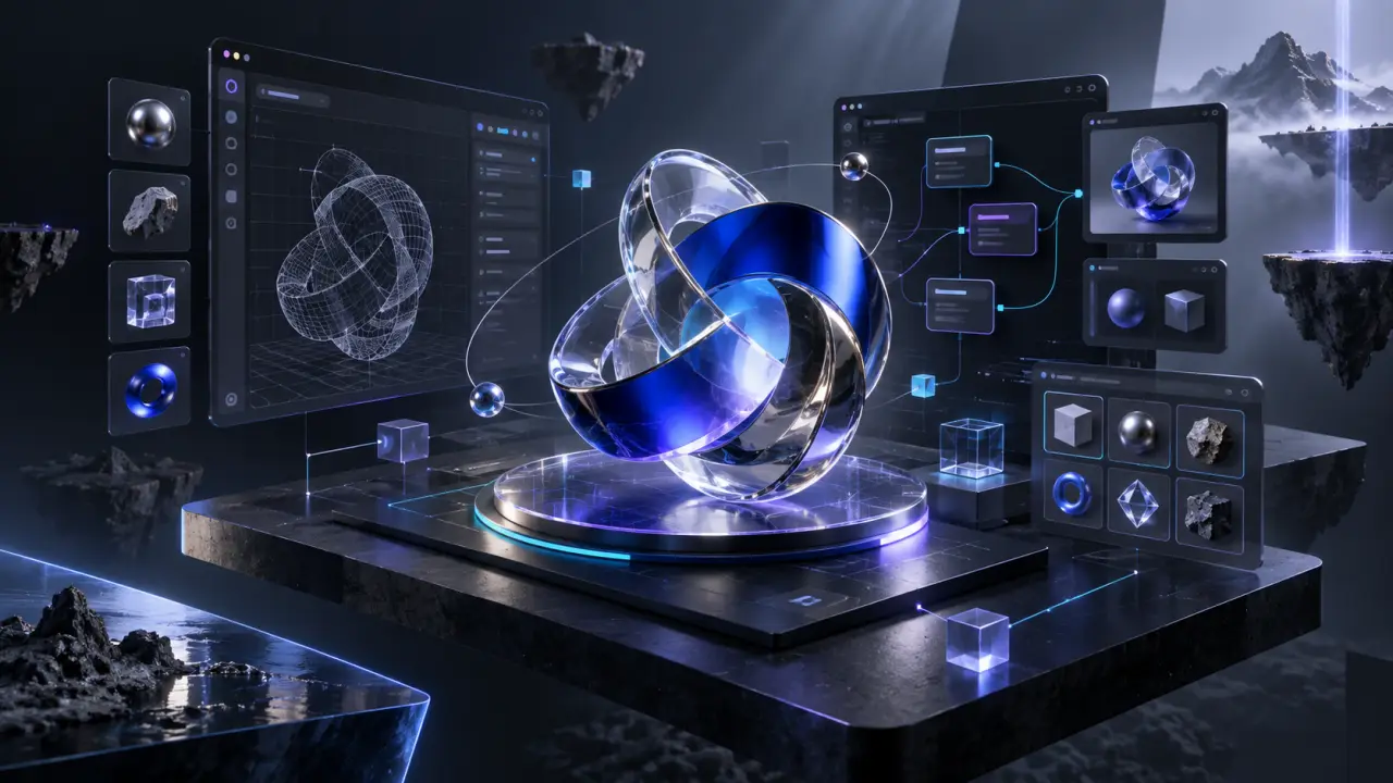 Réseau de formes 3D et de lignes de code représentant une interface WebGPU