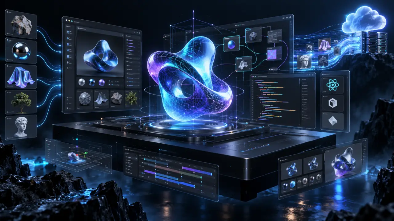 Nœuds lumineux reliant une interface React à une scène WebGL et à des fichiers 3D