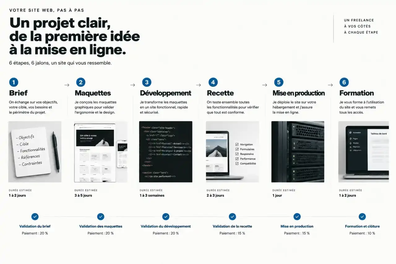 Étapes d'un projet de création de site internet avec un freelance, du brief à la formation