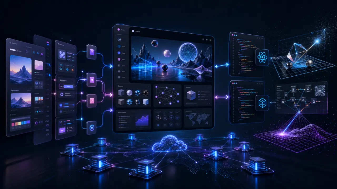 Réseau de nœuds de données néon dans un espace sombre, symbolisant un pipeline web immersif