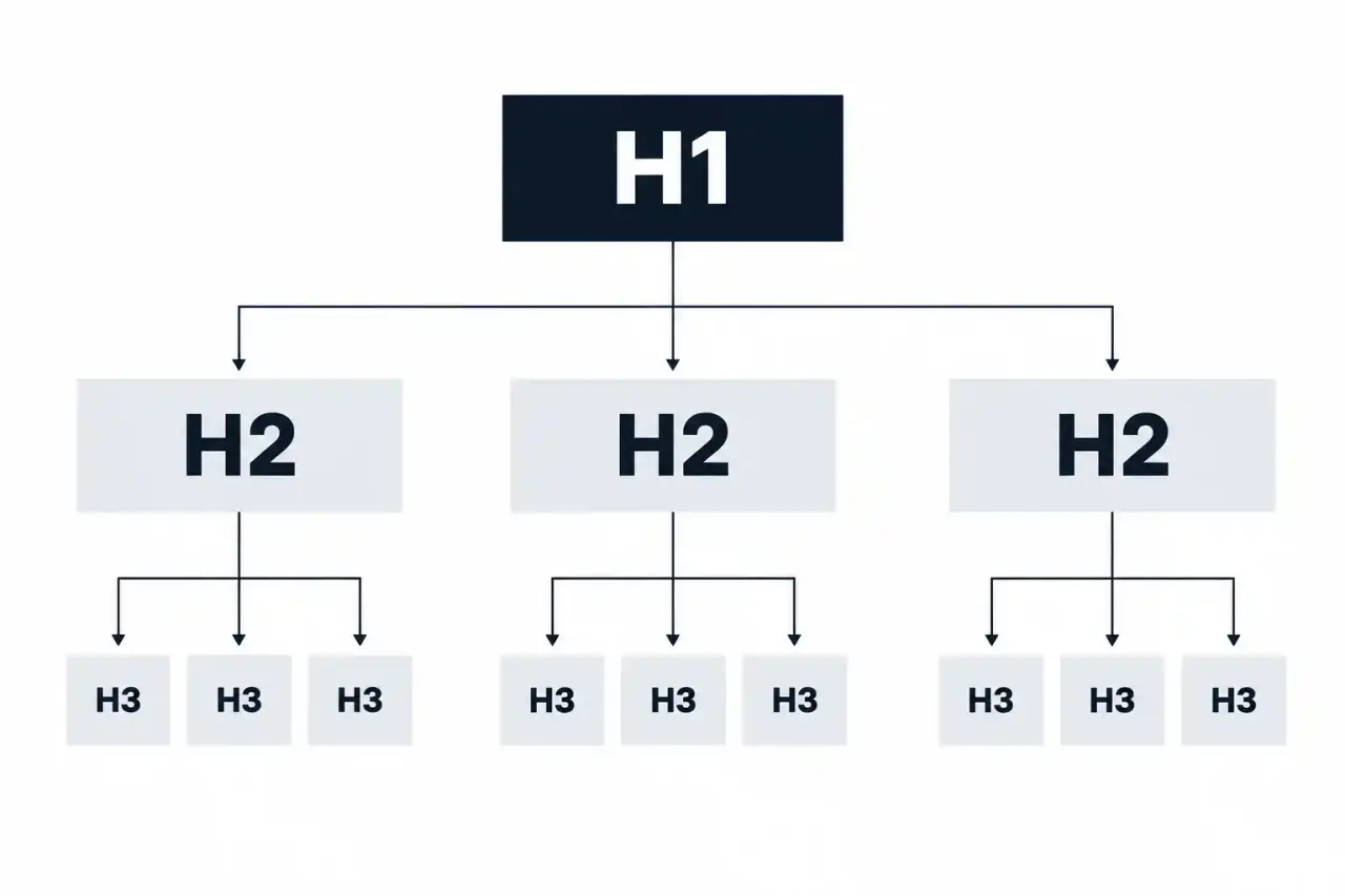 Schéma de la hiérarchie des balises Hn : du H1 aux H2 et H3 dans un plan de page