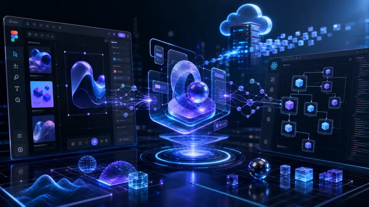 Réseau de nœuds de données néon symbolisant une interface web 3D et le flux entre design et code