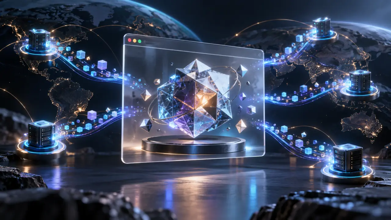 Réseau de données 3D connecté par des faisceaux lumineux dans une interface web futuriste