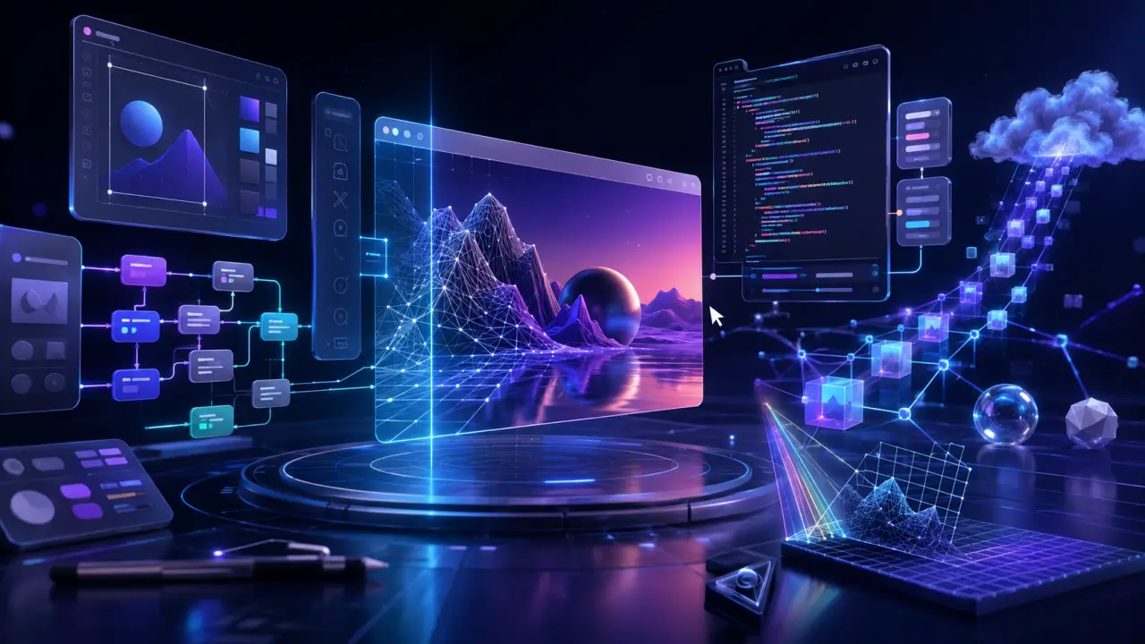 Réseau de nœuds de données 3D connectés par des faisceaux lumineux néon