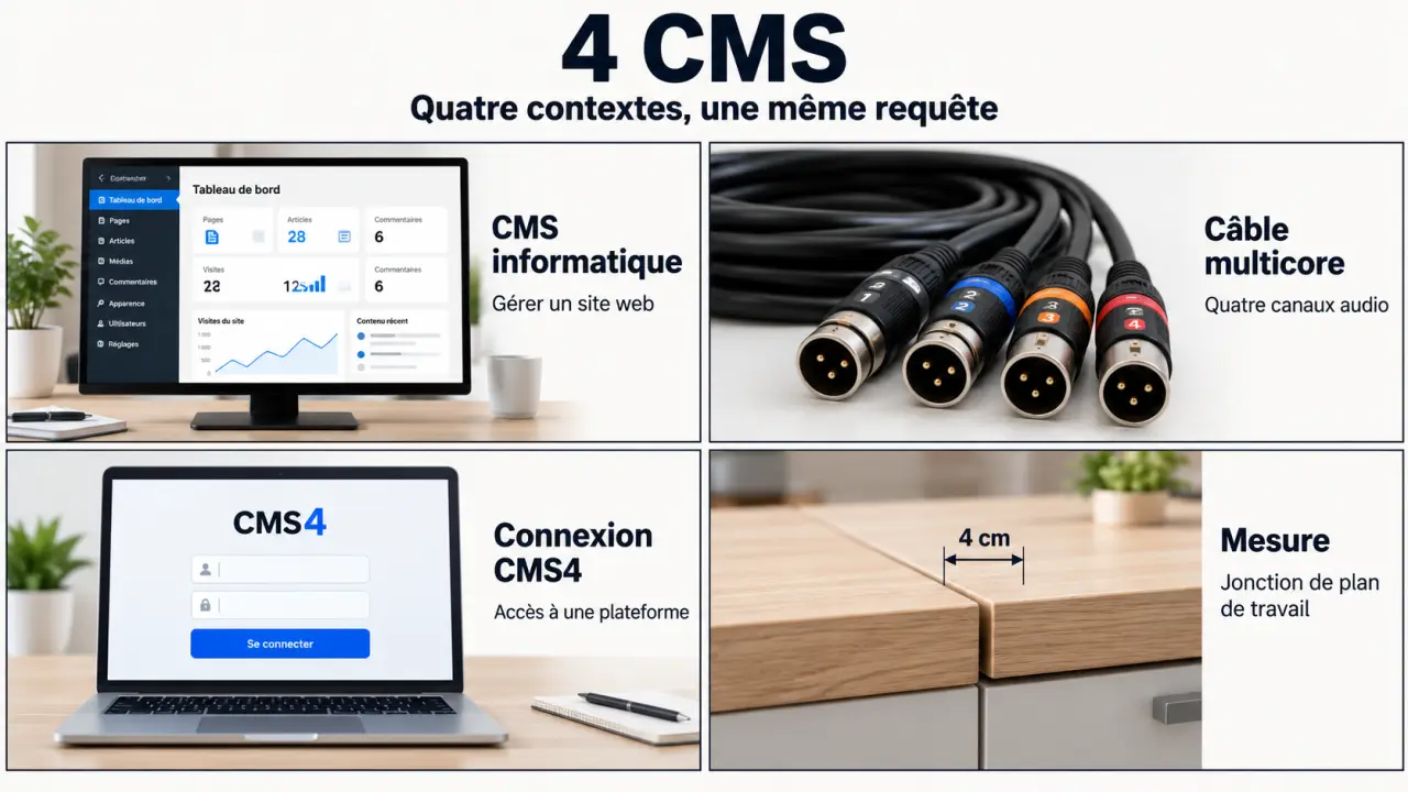 Infographie pour comprendre les quatre significations possibles de 4 cms : CMS logiciel, câble CMS 4, connexion CMS4 et pièce de 4 cm