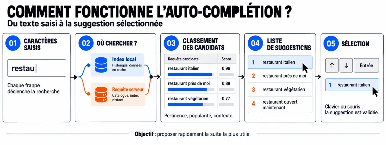 Schéma du fonctionnement de l’auto-complétion, des caractères saisis à la sélection d’une suggestion