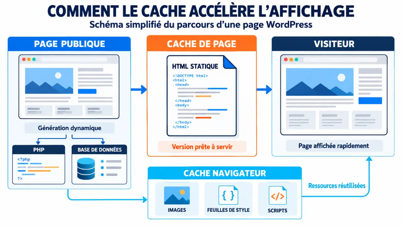 Schéma du fonctionnement de rocket wp et du cache de page WordPress